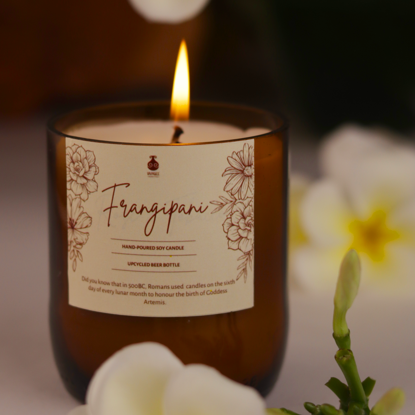 Frangipani Scented Hand Poured Soy Candle in Upcycled Glass Bottle by Vapasee- Pack of 1 : 300 gms