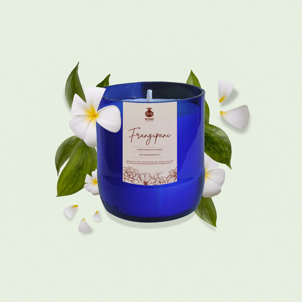 Frangipani Scented Hand Poured Soy Candle in Upcycled Glass Bottle by Vapasee- Pack of 1 : 300 gms
