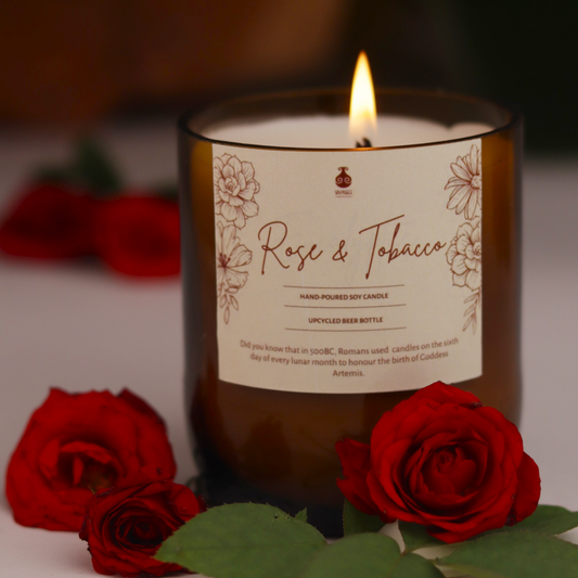 Rose & Earth Scented Hand Poured Soy Candle in Upcycled Glass Bottle by Vapasee- Pack of 1 : 300 gms